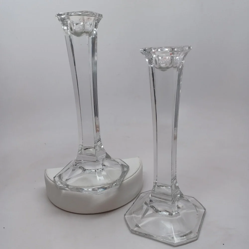 Vintage Clear Crystal Glass Hexagonal Base Taper Candlestick Holders Pair 7.75in